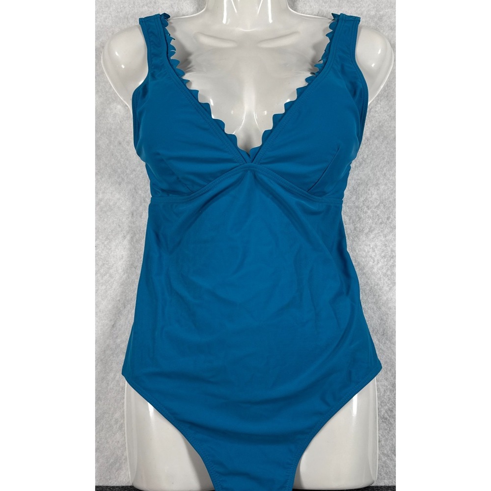 Womens Large Blue Scallop Trim Deep V Neck One Piece Swimsuit NWOT
